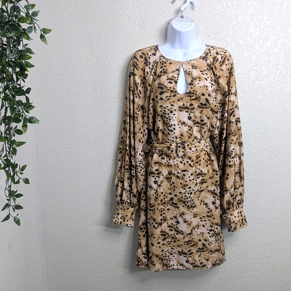 Banana Republic Tan Brown Animal Print Belted Mini Dress Balloon Long Sleeve M - Picture 1 of 9